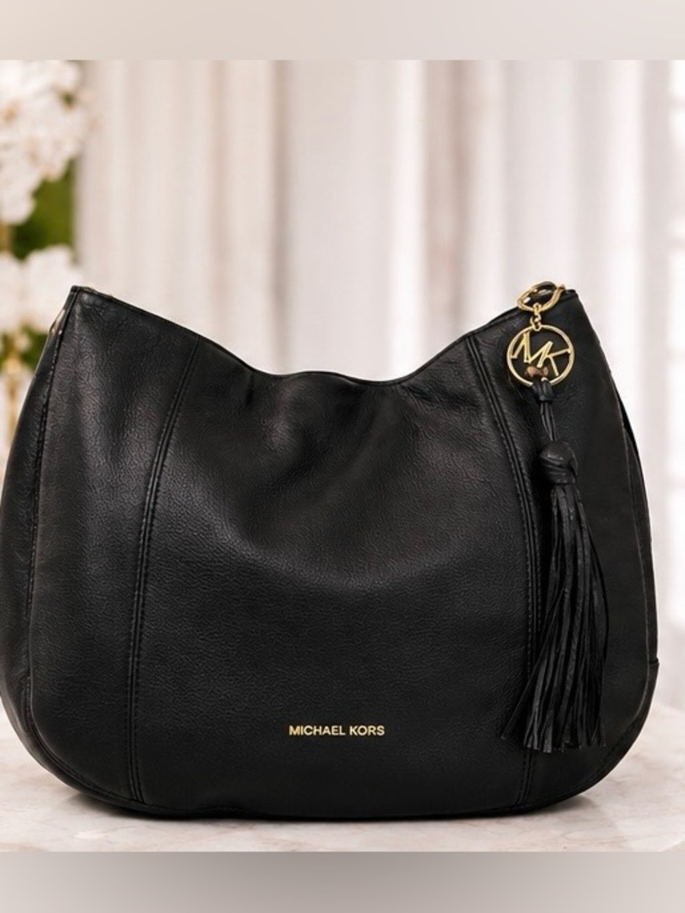 Michael Kors Black Leather Hobo Shoulder Bag Gold Tassel Large Purse
